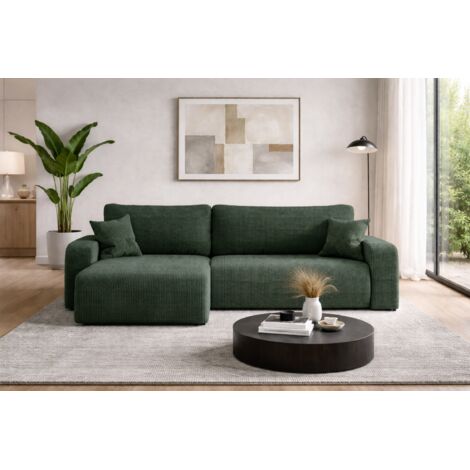 Canapé d’angle réversible PIANIOO XL convertible – Velours côtelé vert bouteille, grand coffre de rangement, fonction couchage, angle universel gauche/droite