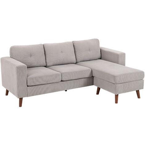 Canapé d'angle réversible velours côtelé gris clair 192x137cm, canapé 3 places avec méridienne, cadre acier robuste, assise confortable, design moderne salon.