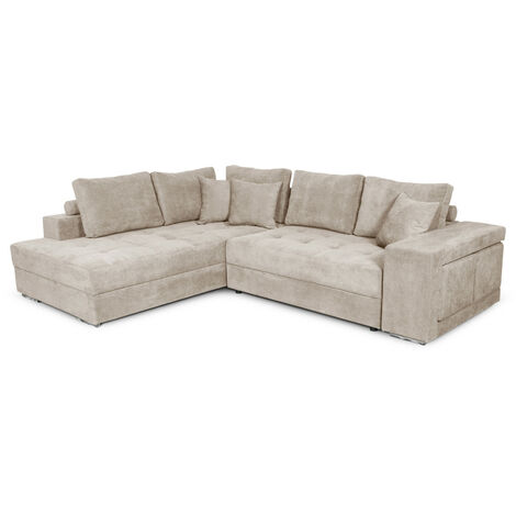 Canapé d'angle TAMIA convertible avec coffre et 2 poufs en tissu - Beige, Angle Gauche