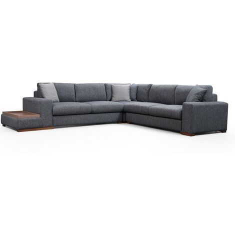 Canapé d'angle tissu anthracite avec étagère en bois sur la gauche Kaloé 323cm