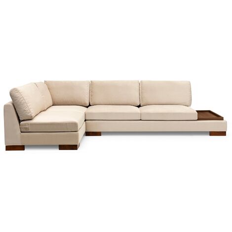 Canapé d'angle velours avec plateau en bois noyer Bakiza 313cm-Couleur Beige clair-angle gauche-avec pouf