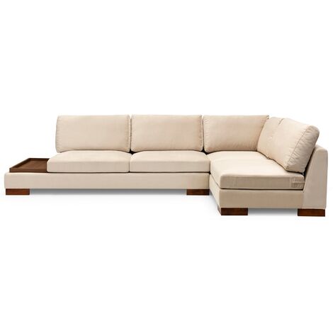 Canapé d'angle velours avec plateau en bois noyer Bakiza 313cm sans pouf angle droit-Beige clair-angle droit