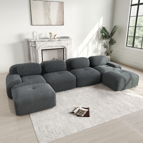 Canapé d'angle velours côtelé, canapé modulable avec repose-pieds, mousse 32D haute élasticité, accoudoirs larges, sans assemblage - Gris, 4 places