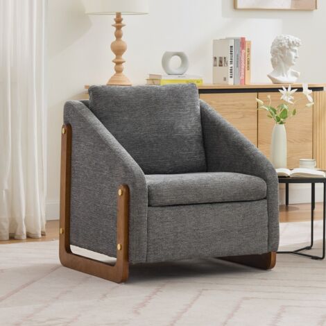 Canapé d'appoint design avec accoudoirs bois et housse chenille gris - Coussin dossier inclus - 73,5 x 73,5 x 73,5 (cm)