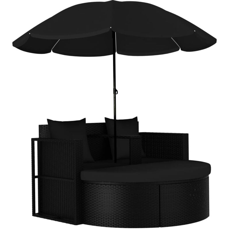Lit de jardin avec parasol R�sine tress�e Noir - Vidaxl