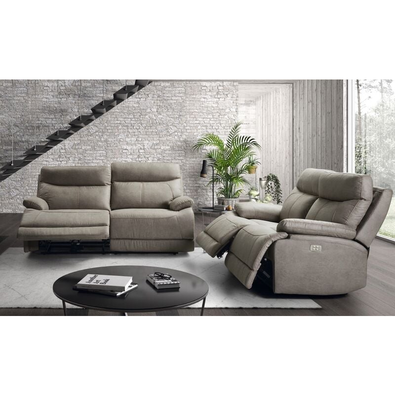 Pegane - Canapé de 3 places, 2 relax électriques en microfibre couleur Gris - Longueur 194 x Profondeur 97 x Hauteur 99 cm