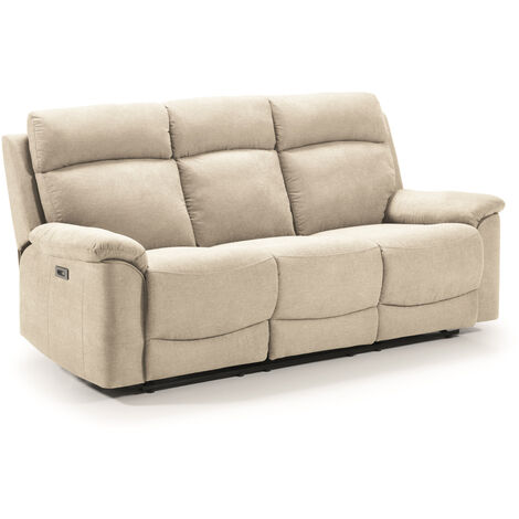 Canapé de 3 places, 2 relax électriques en tissu couleur Ivoire - Longueur 192 x Profondeur 87 x Hauteur 99 cm