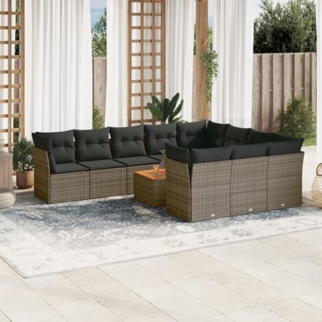 Canapé de Jardin 11 Pièces en Résine Tressée Gris avec Coussins - Salon d'Extérieur Modulable, Table Acacia