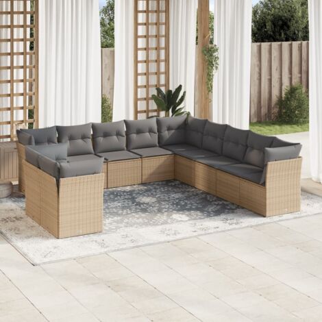 Canapé de jardin 11 places en résine tressée beige avec coussins amovibles