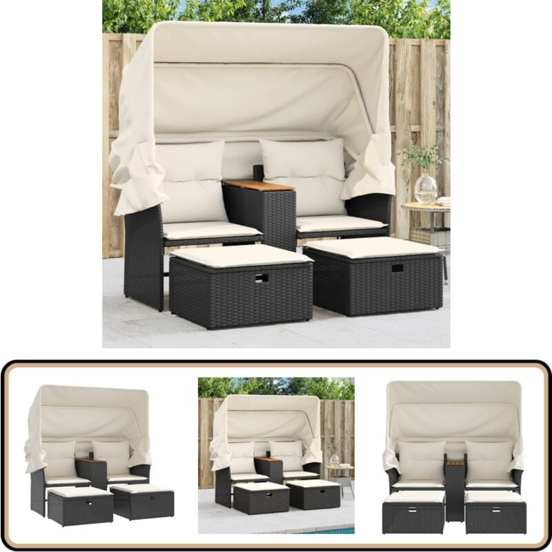 Canapé de jardin 2 places avec auvent et tabourets noir rotin - Canapé De Jardin - Salon De Jardin - Ensemble De Jardin - Meubles De Jardin