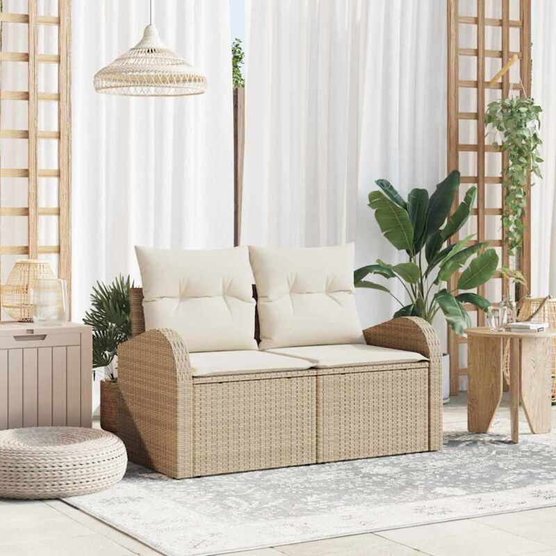 Canapé de jardin 2 places avec rangement et coussins en poly rattan beige Vidaxl