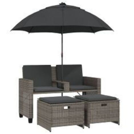 Canapé de jardin 2 places avec parasol et tabourets gris rotin