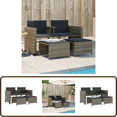 Canapé de jardin 2 places avec table et tabourets gris rotin - Canapé De Jardin - Salon De Jardin - Meuble De Jardin - Résine Tressée - Rotin