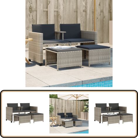 Canapé de jardin 2 places avec table tabourets gris clair rotin - Canapé De Jardin - Salon De Jardin - Meuble De Jardin - Résine Tressée - Rotin