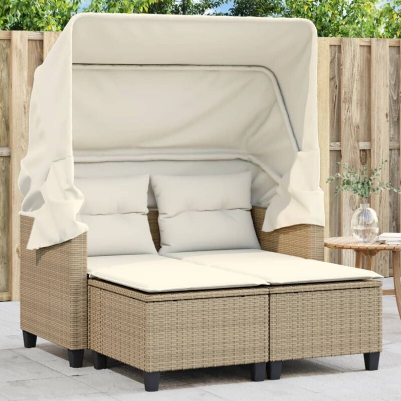 Vidaxl - Canapé de jardin 2 places avec auvent et tabourets beige rotin