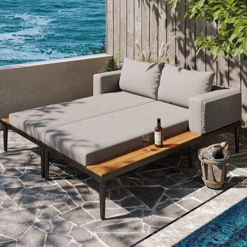 Canapé de jardin 2 places, canapé-lit imperméable multifonctionnel, lit de salon double avec cadre, adapté pour terrasse, jardin et balcon - Gris