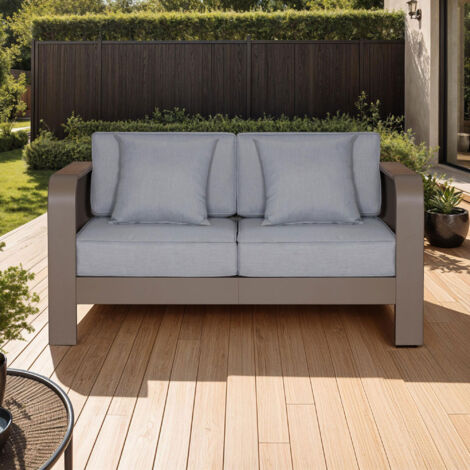 Canapé de jardin 2 places en aluminium taupe, gris clair et bois