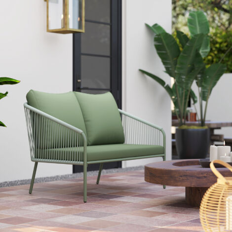 Canapé de jardin 2 places en résine tressée avec coussins canapé d'extérieur accoudoirs cadre en acier 112x72x76cm vert
