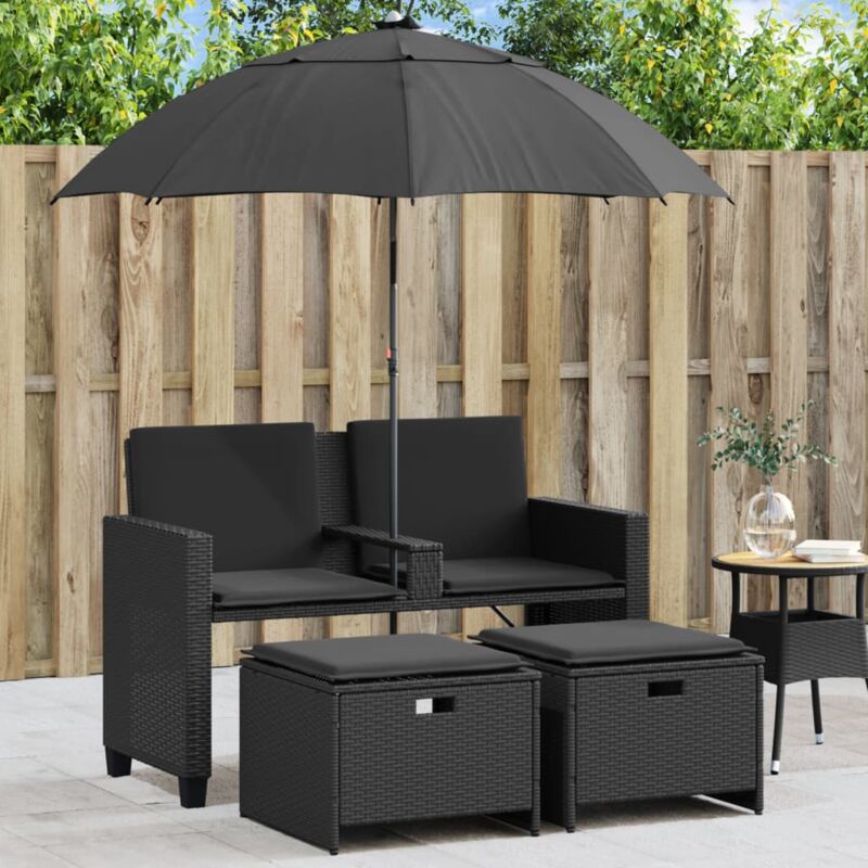 Vidaxl - Canapé de jardin 2 places avec parasol et tabourets noir rotin