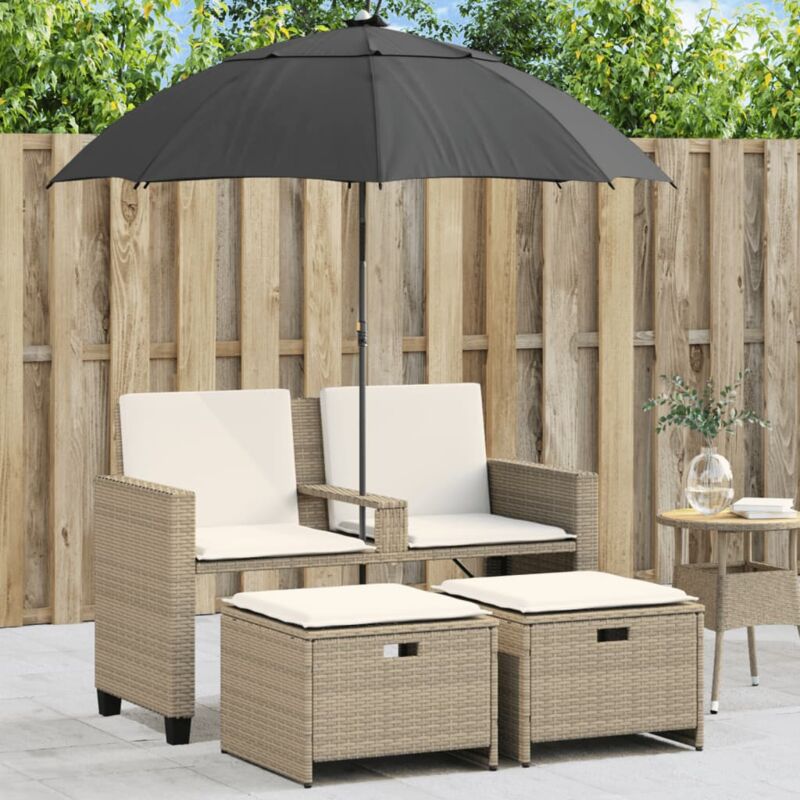 Canapé de jardin 2 places avec parasol et tabourets beige rotin - Vidaxl