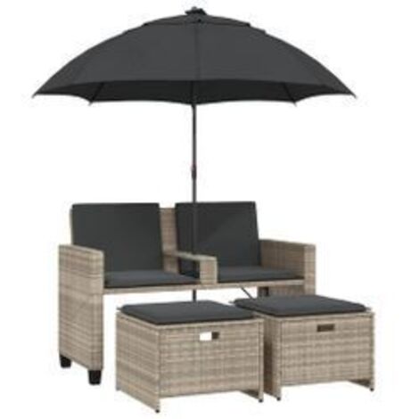 Canapé de jardin 2 places et parasol tabourets gris clair rotin