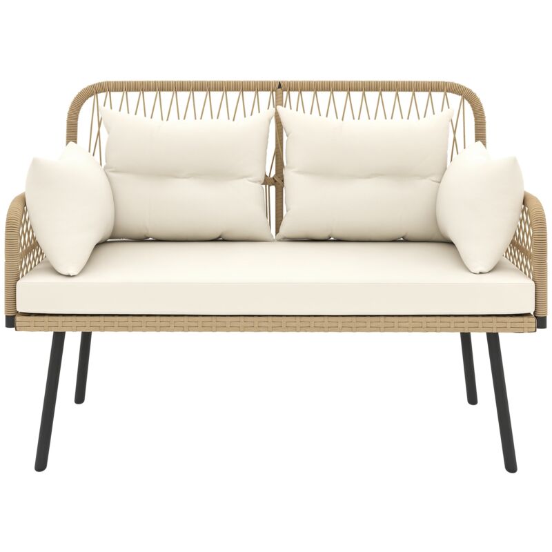 Outsunny - Canapé de jardin 2 places style colonial 5 coussins beige résine tressée aspect rotin