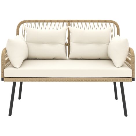 Canapé de jardin 2 places style colonial 5 coussins beige résine tressée aspect rotin