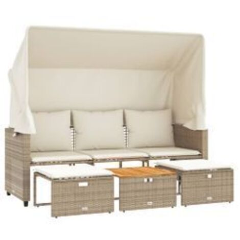 Canapé de jardin 3 places avec auvent et tabourets beige rotin