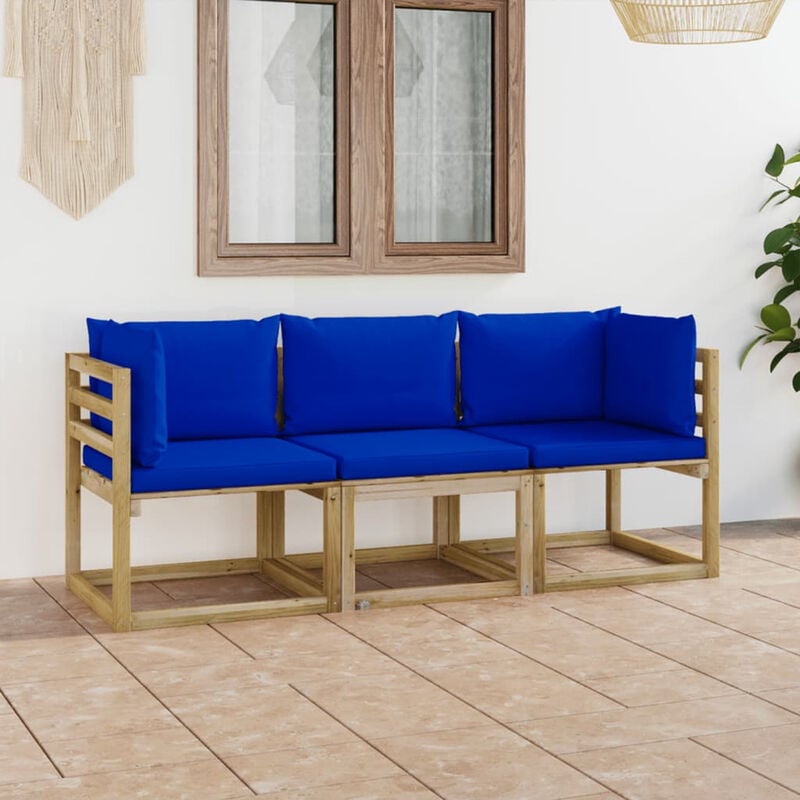 Canape de jardin 3 places avec coussins bleu