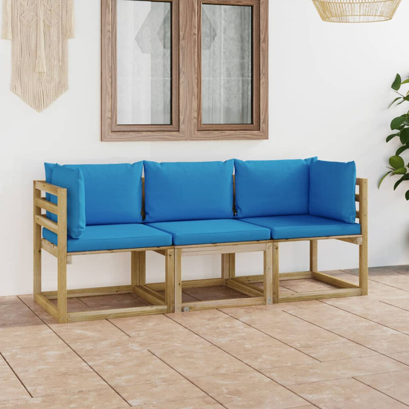 Canape de jardin 3 places avec coussins bleu clair
