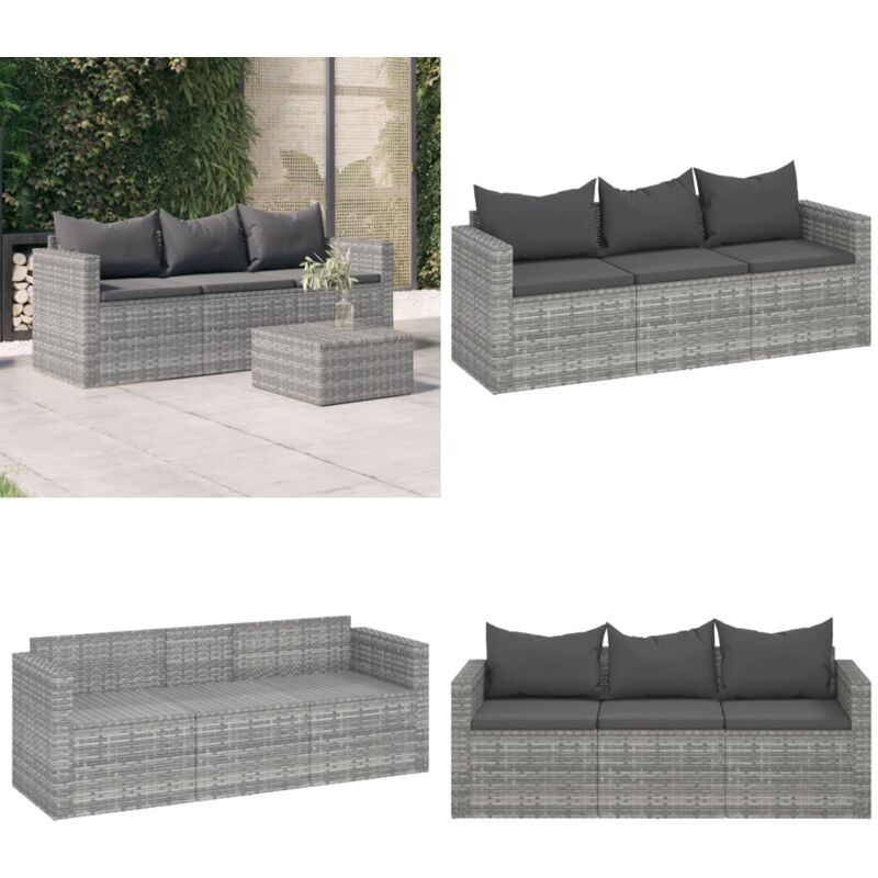 Canapé de jardin 3 places avec coussins Gris Résine tressée - Canapé De Jardin - Mobilier De Jardin - Salon De Jardin - Meubles De Jardin - Chaise