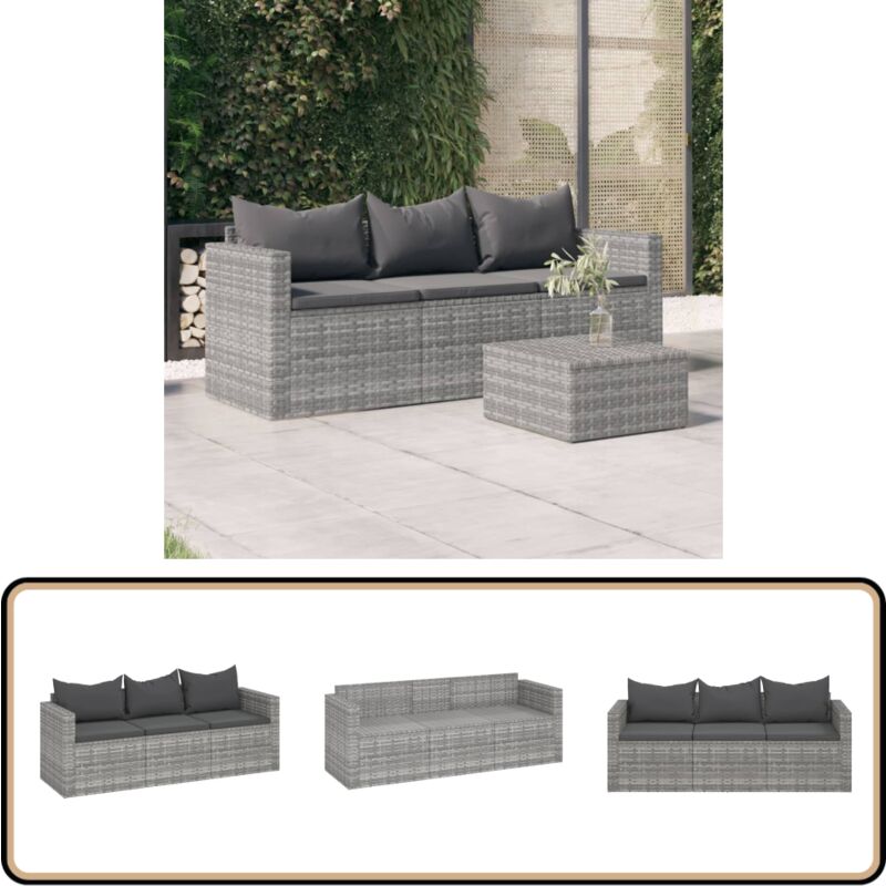 Canapé de jardin 3 places avec coussins Gris Résine tressée - Canapé De Jardin - Mobilier De Jardin - Salon De Jardin - Meubles De Jardin - Chaise