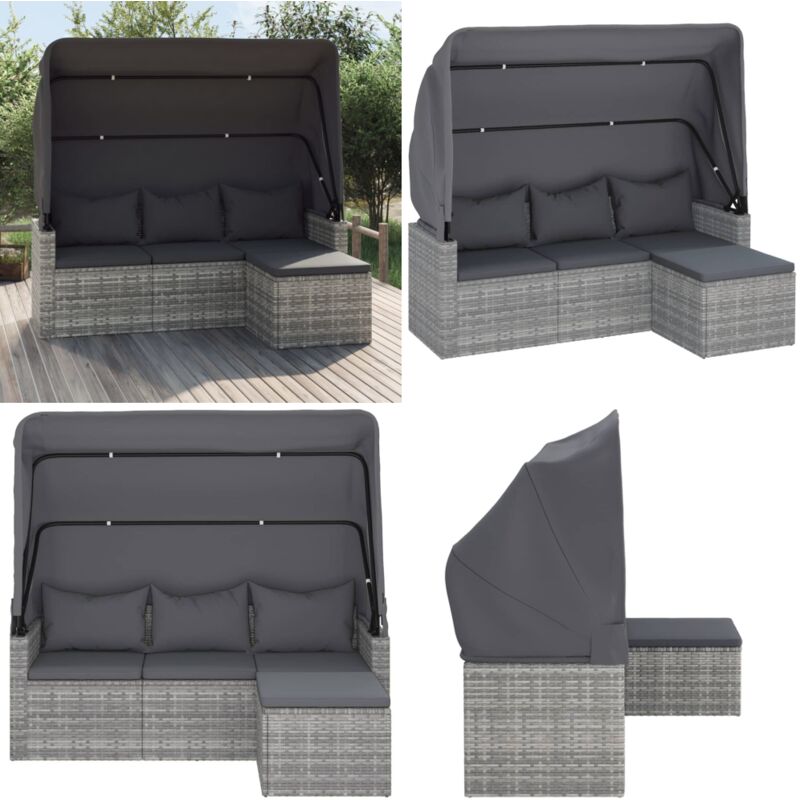 Canapé de jardin 3 places avec toit et repose-pieds Gris - Canapé De Jardin - Mobilier De Jardin - Salon De Jardin - Chaise Lounge - Résine Tressée