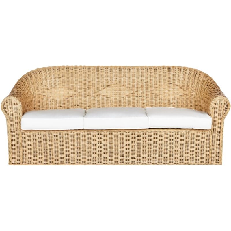 Canapé de Jardin 3 Places Boho Rotin Coussin Blanc en Tissu Résistance Moyenne Extérieur Naturel Livadeia