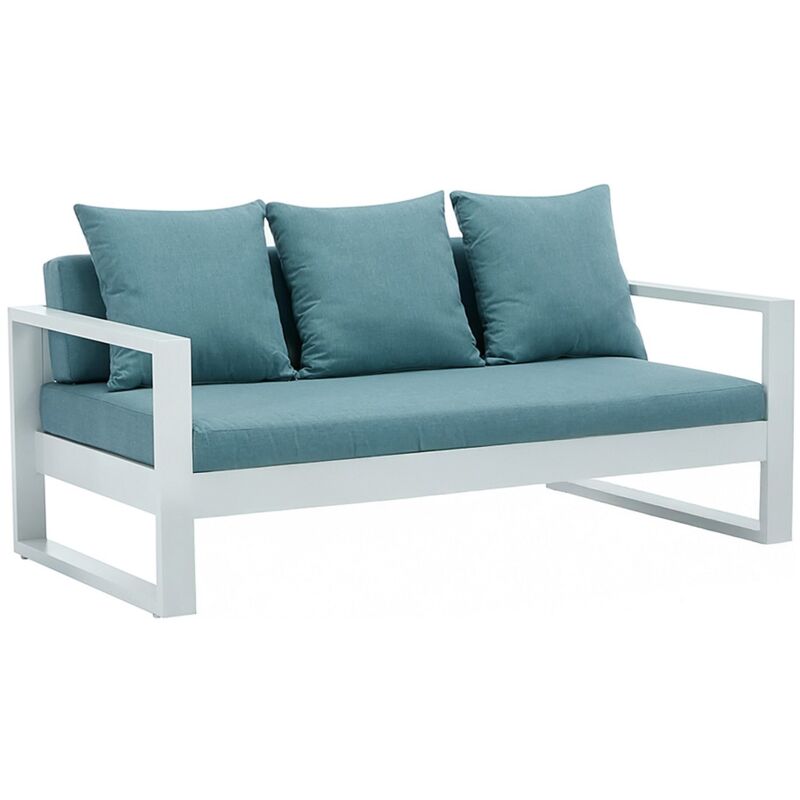 Vente-unique - Canapé de jardin 3 places en aluminium - Blanc avec coussins bleus - molokai de mylia
