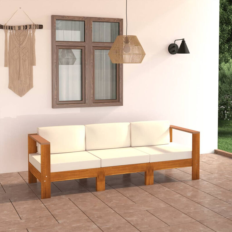 Asupermall - Canape de jardin 3 places et coussins blanc creme Bois d'acacia