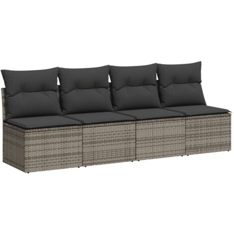 Canapé de jardin 4 places avec coussins gris résine tressée