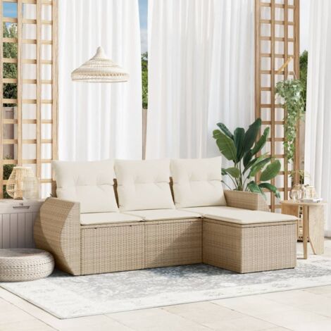 Canapé de Jardin 4 Places en Résine Tressée Beige avec Coussins Déhoussables et Rangement Intégré, Salon d'Extérieur Modulaire, 2 Fauteuils, 1 Canapé, 1 Pouf