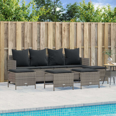 Canapé de Jardin 5 pièces en Résine Tressée Gris avec Coussins Détachables et Housse Lavable - Salon d'Extérieur Modulable 4 Places + 4 Poufs