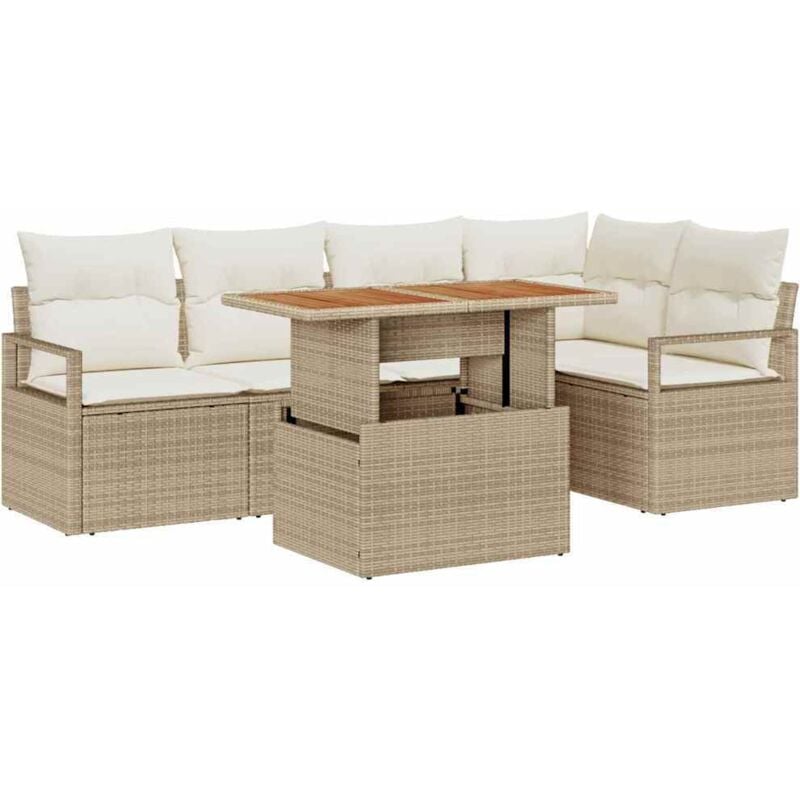 Ensemble de canapé de jardin 6 pièces avec coussins beige en poly rotin, Canapé de jardin 2 places avec rangement et coussins beige en poly rotin