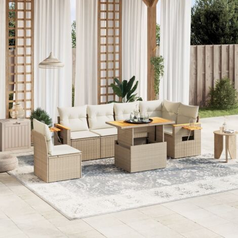 Canapé de jardin 7 pièces en résine tressée beige avec coussins amovibles, table réglable 100x55 cm et bois d’acacia