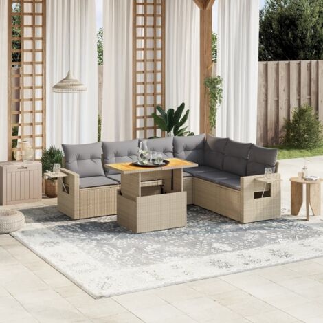 Canapé de jardin 7 pièces en résine tressée beige avec coussins amovibles – Table réglable 100x55 cm, UV résistant