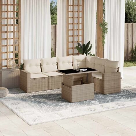 Canapé de jardin 7 pièces en résine tressée beige avec coussins crème, table réglable 100x55 cm – salon modulaire extérieur