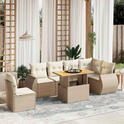 Canapé de jardin 7 pièces en résine tressée beige avec coussins déhoussables – Table réglable 100x55 cm