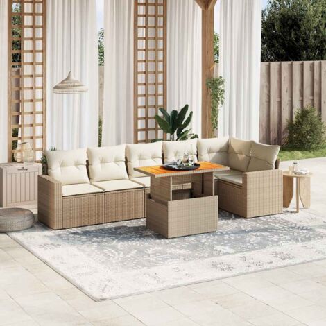 Canapé de jardin 7 pièces en résine tressée beige avec coussins déhoussables – Table réglable 100x55 cm