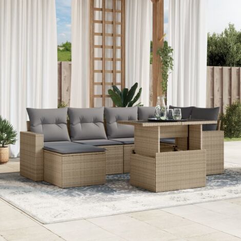 Canapé de jardin 7 pièces en résine tressée beige avec coussins gris lavables et table réglable 100x55 cm