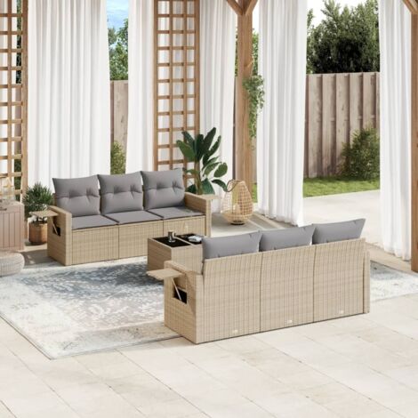 Canapé de jardin 7 pièces en résine tressée beige avec coussins gris lavables, rangement intégré et table pliante