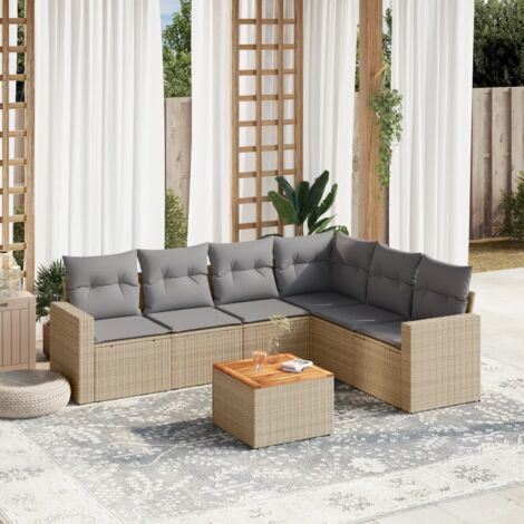 Canapé de jardin 7 pièces en résine tressée beige avec coussins gris – Table acacia, modulable et UV résistant