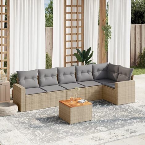 Canapé de jardin 7 pièces en résine tressée beige avec coussins gris – Table acacia + sièges modulables et housses lavables