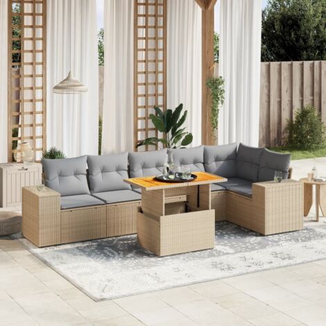 Canapé de jardin 7 pièces en résine tressée beige avec coussins gris – Table réglable 100x55 cm, design modulaire